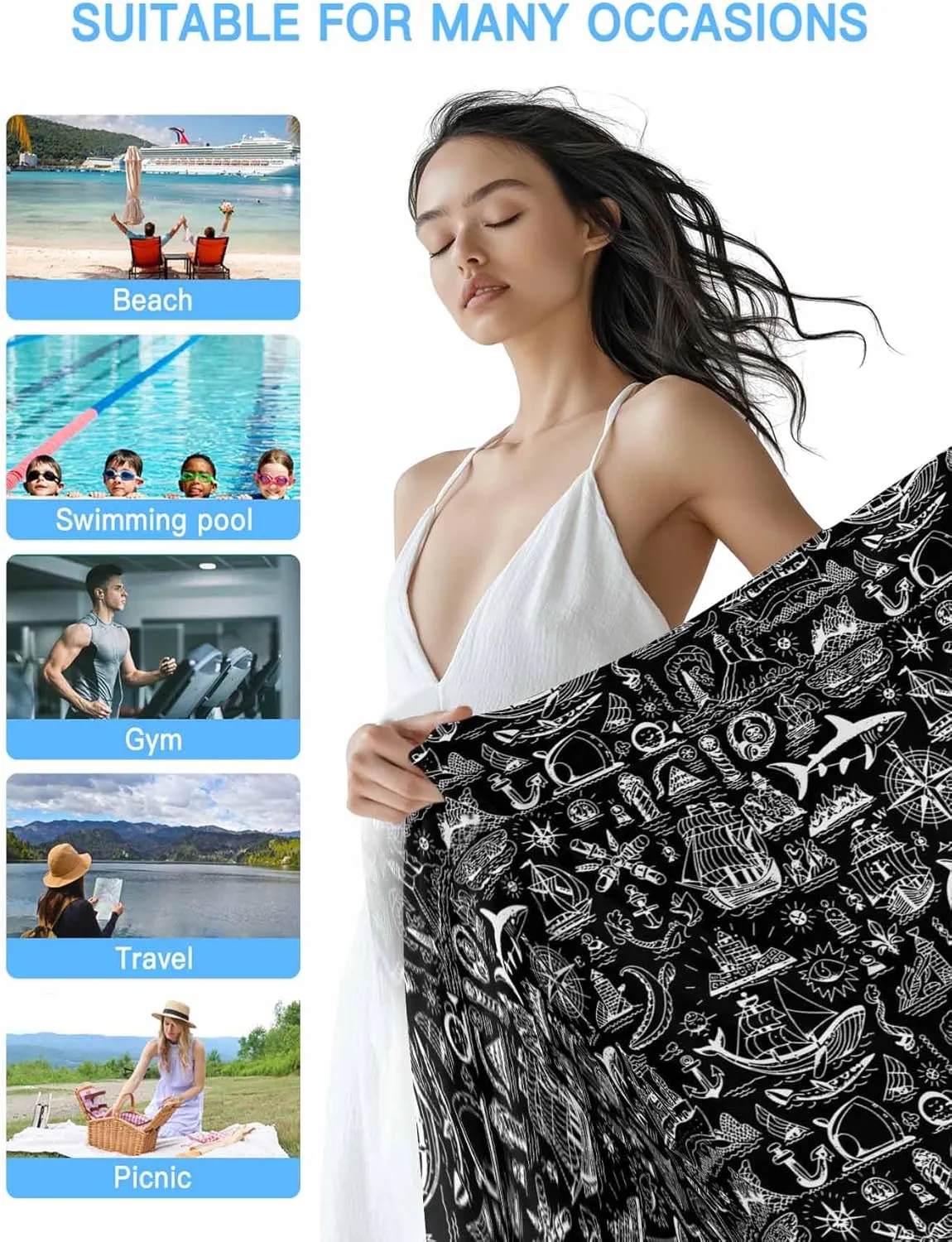 Oversized Beach Towel Retro Nautical Boat Fish Soft Quick-Dry Sand-Free Microfiber Towel for Travel/Surf/Swim/Pool/Vacation Compact Towel Grey Compass Marine Life on Black Bath Blanket, 30" x 60"