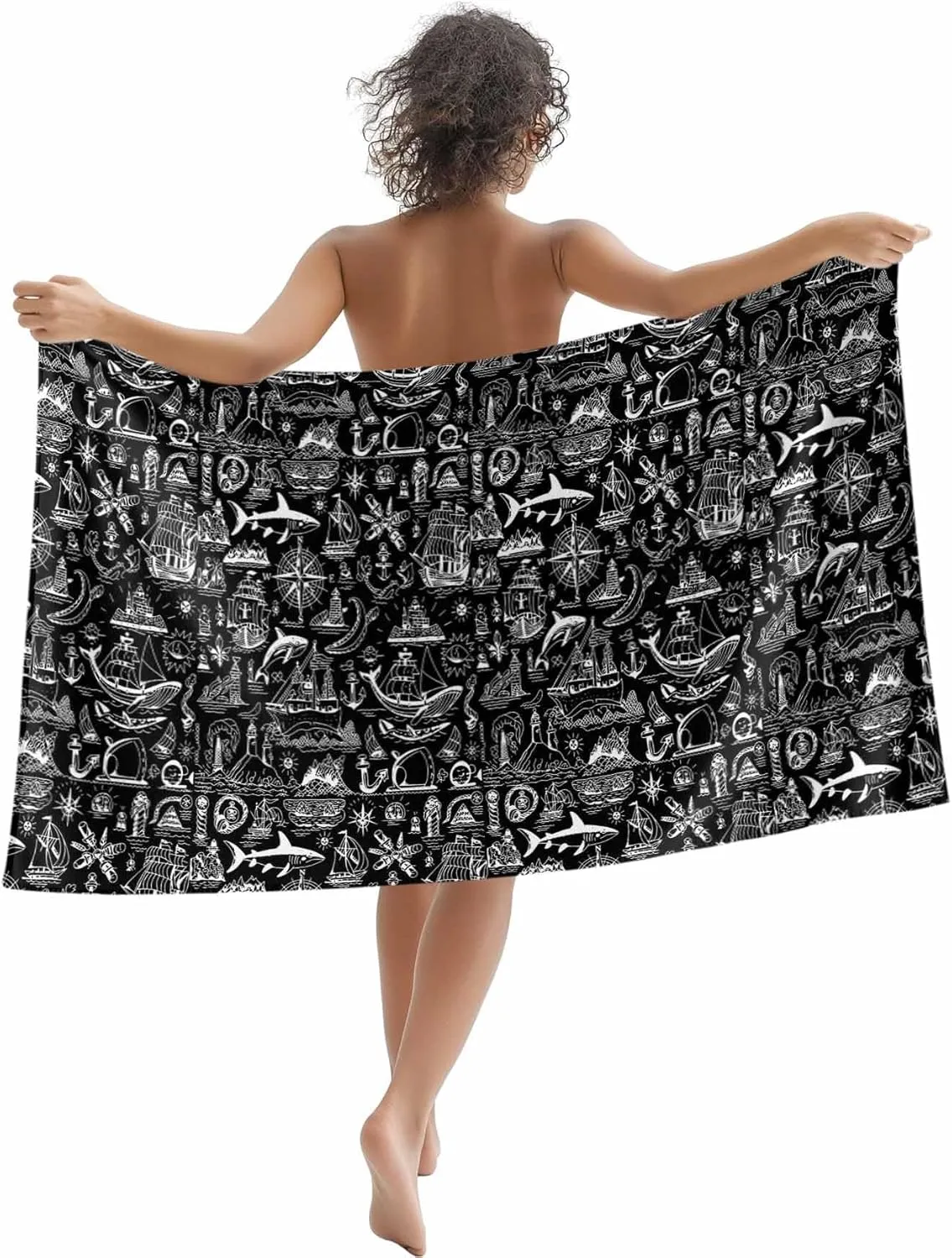 Oversized Beach Towel Retro Nautical Boat Fish Soft Quick-Dry Sand-Free Microfiber Towel for Travel/Surf/Swim/Pool/Vacation Compact Towel Grey Compass Marine Life on Black Bath Blanket, 30" x 60"