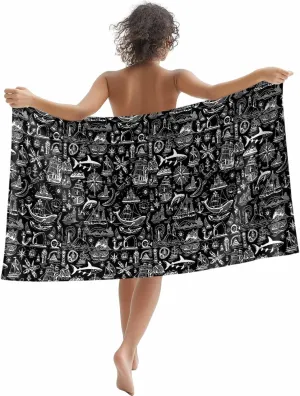 Oversized Beach Towel Retro Nautical Boat Fish Soft Quick-Dry Sand-Free Microfiber Towel for Travel/Surf/Swim/Pool/Vacation Compact Towel Grey Compass Marine Life on Black Bath Blanket, 30" x 60"