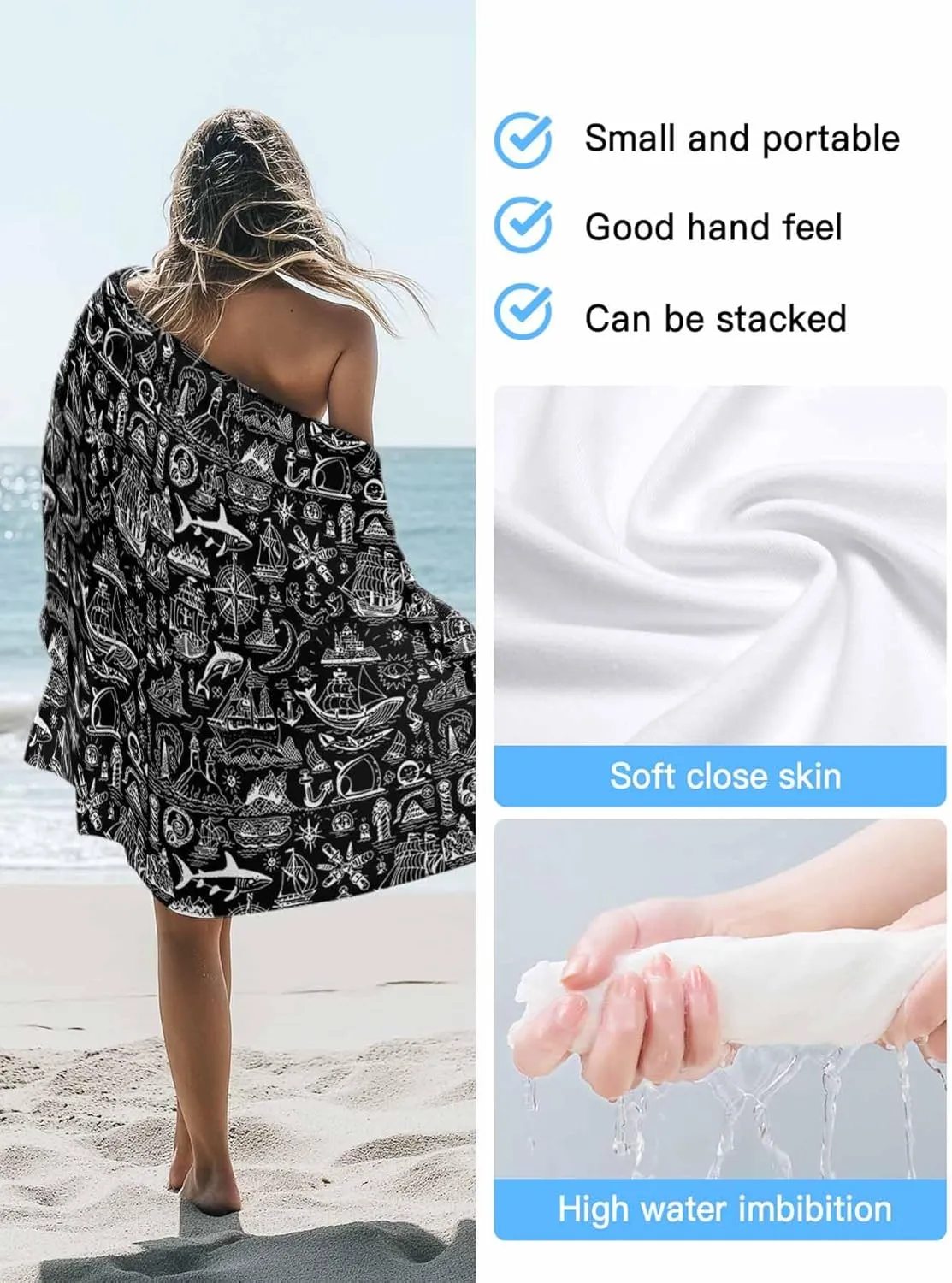 Oversized Beach Towel Retro Nautical Boat Fish Soft Quick-Dry Sand-Free Microfiber Towel for Travel/Surf/Swim/Pool/Vacation Compact Towel Grey Compass Marine Life on Black Bath Blanket, 30" x 60"