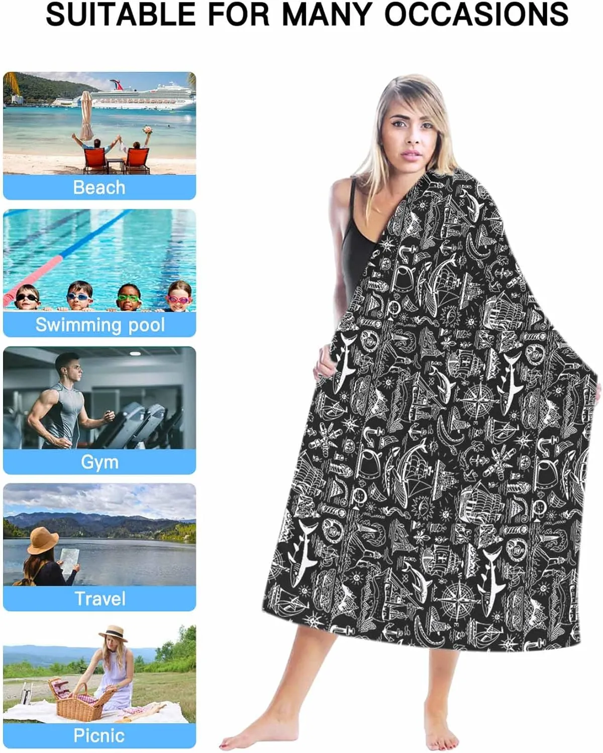 Oversized Beach Towel Retro Nautical Boat Fish Soft Quick-Dry Sand-Free Microfiber Towel for Travel/Surf/Swim/Pool/Vacation Compact Towel Grey Compass Marine Life on Black Bath Blanket, 30" x 60"