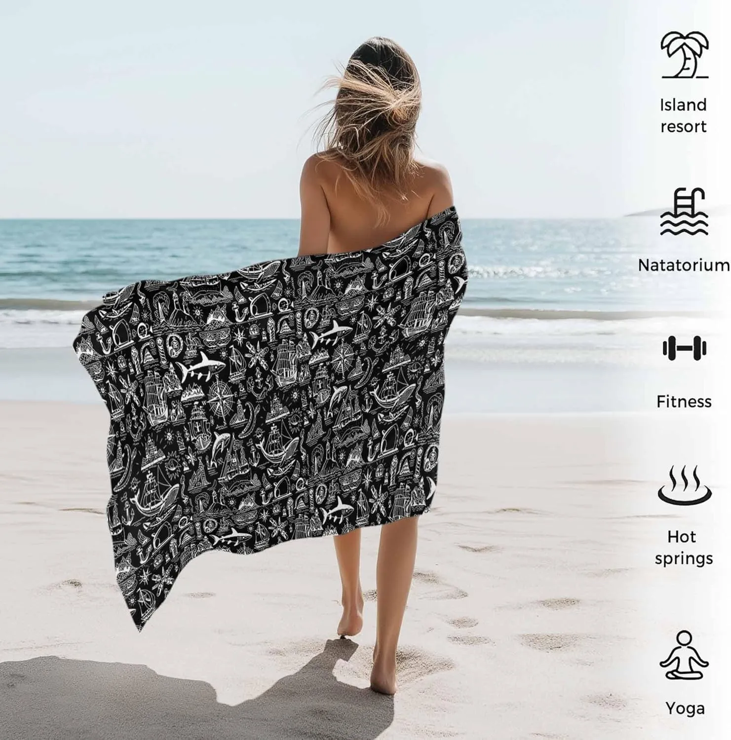 Oversized Beach Towel Retro Nautical Boat Fish Soft Quick-Dry Sand-Free Microfiber Towel for Travel/Surf/Swim/Pool/Vacation Compact Towel Grey Compass Marine Life on Black Bath Blanket, 30" x 60"