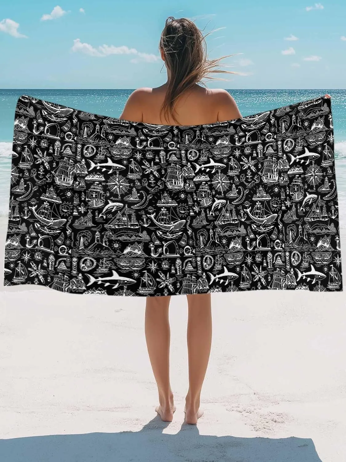 Oversized Beach Towel Retro Nautical Boat Fish Soft Quick-Dry Sand-Free Microfiber Towel for Travel/Surf/Swim/Pool/Vacation Compact Towel Grey Compass Marine Life on Black Bath Blanket, 30" x 60"