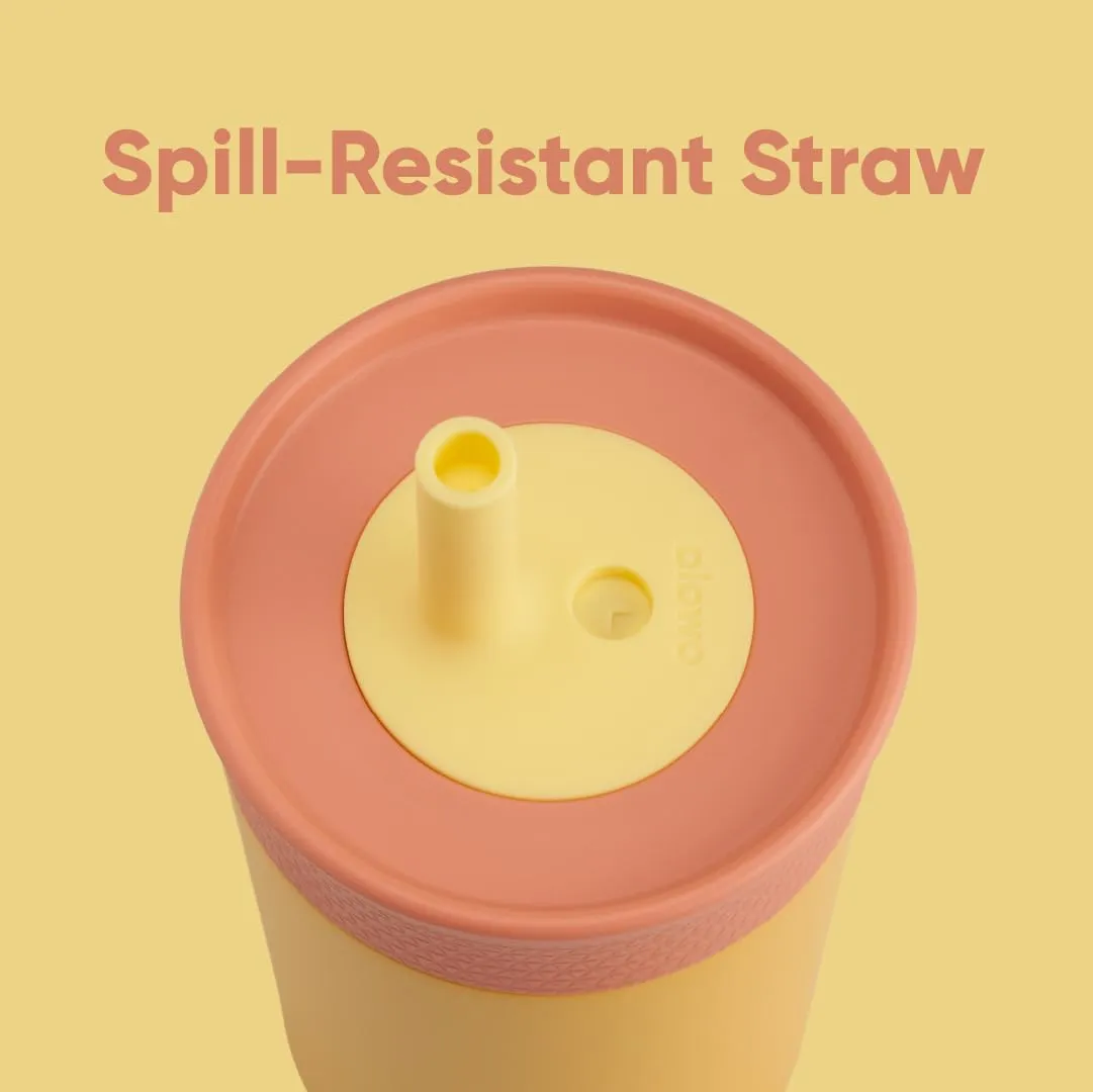 Owala Kids Insulation Stainless Steel Tumbler with Spill Resistant Flexible Straw, Easy to Clean, Kids Water Bottle, Great for Travel, Dishwasher Safe, 12 Oz, Peach and Yellow (Picnic)