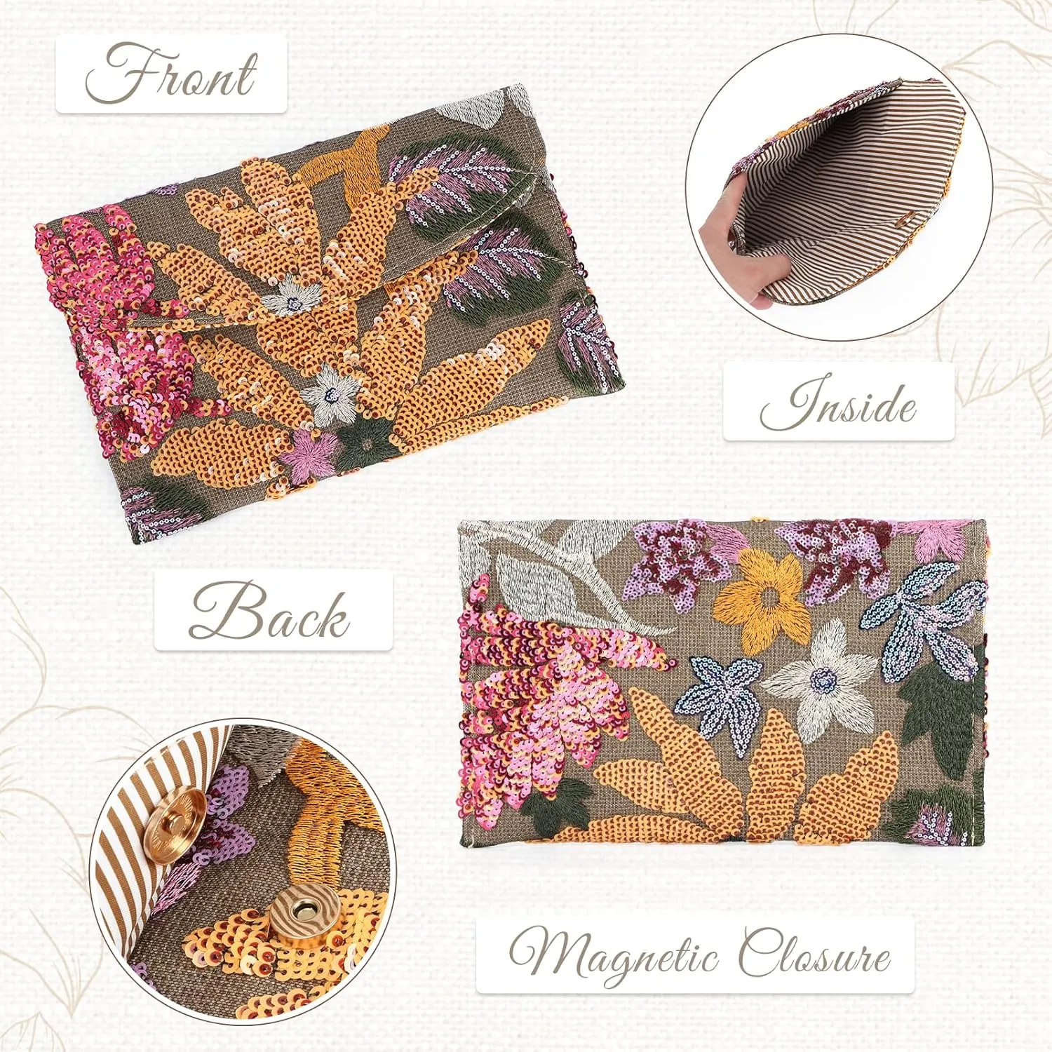 Oweisong Floral Clutch Purses for Women Summer Embroidery Purses Sequin Beaded Evening Bag for Formal