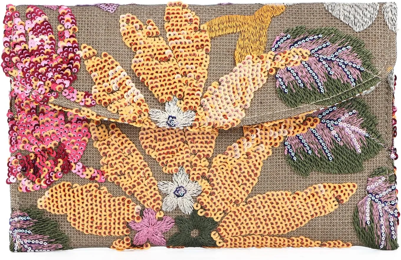 Oweisong Floral Clutch Purses for Women Summer Embroidery Purses Sequin Beaded Evening Bag for Formal