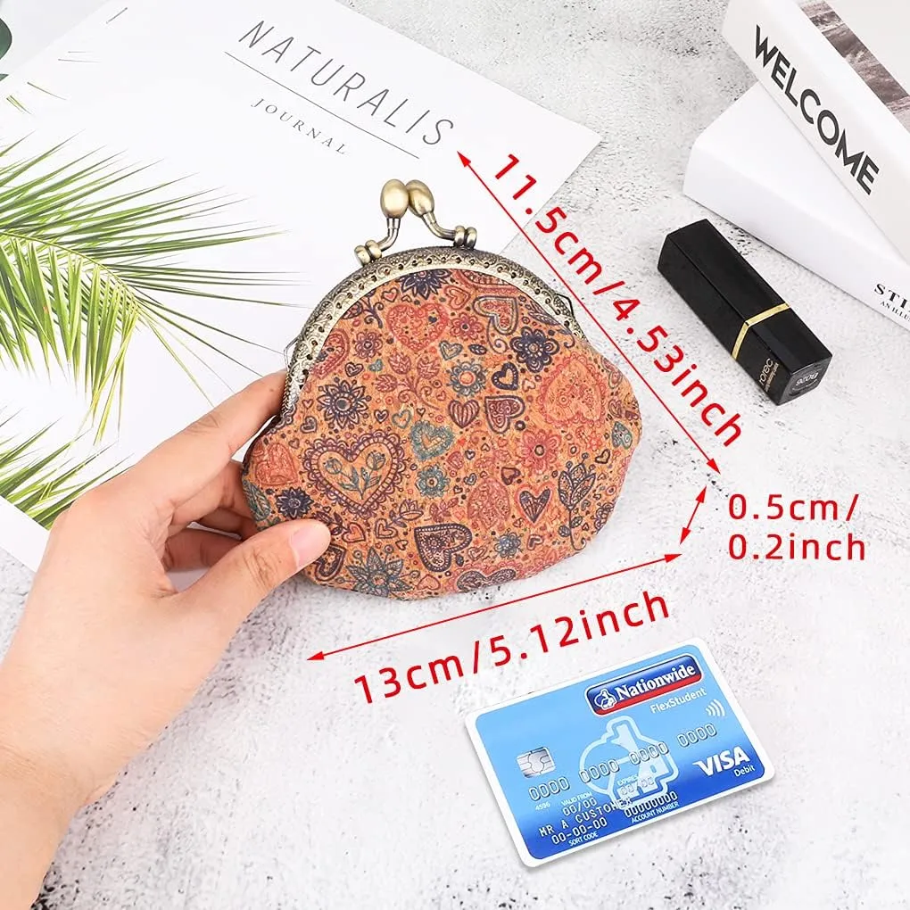 Oyachic Floral Buckle Coin Purses Vintage Pouch Kiss-lock Change Purse Wallets PU Wood Grain Key Holder Coin Bag Make Up Bag