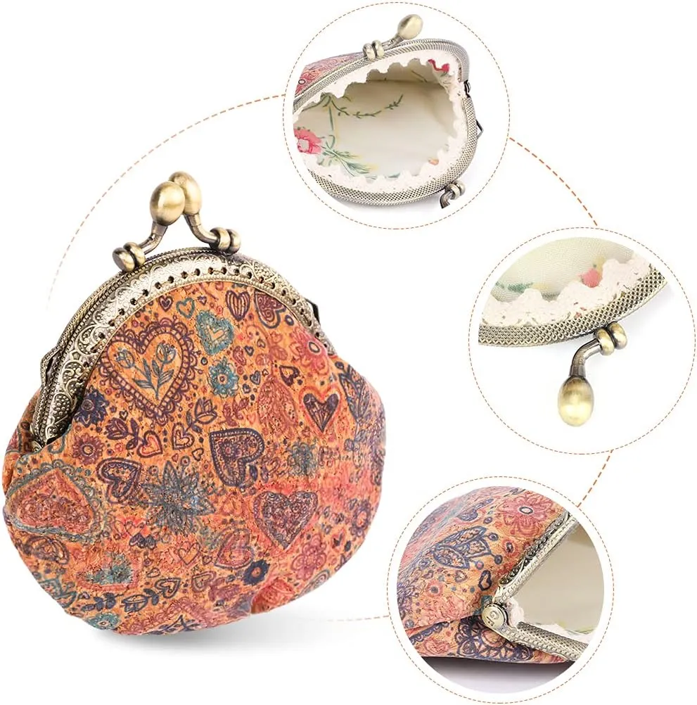 Oyachic Floral Buckle Coin Purses Vintage Pouch Kiss-lock Change Purse Wallets PU Wood Grain Key Holder Coin Bag Make Up Bag