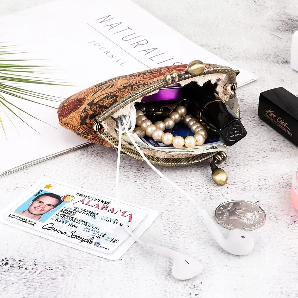 Oyachic Floral Buckle Coin Purses Vintage Pouch Kiss-lock Change Purse Wallets PU Wood Grain Key Holder Coin Bag Make Up Bag