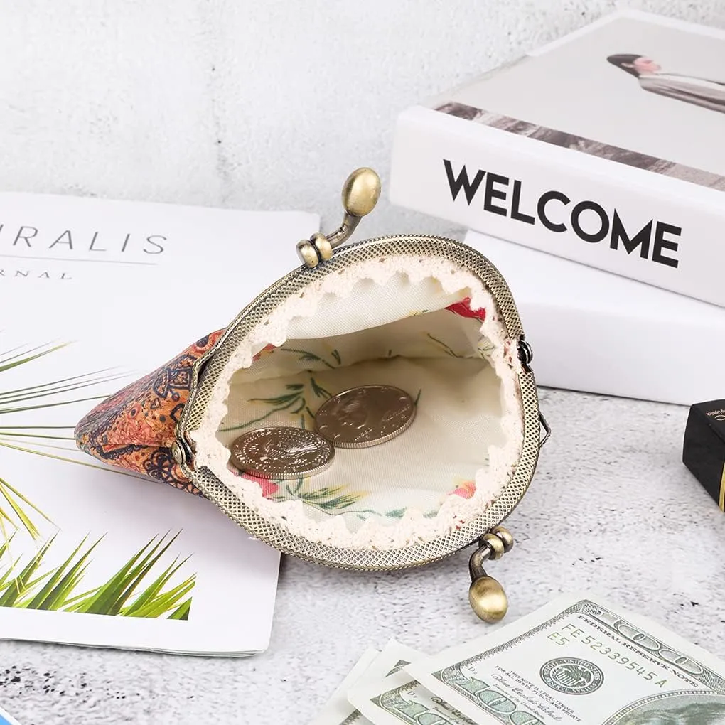 Oyachic Floral Buckle Coin Purses Vintage Pouch Kiss-lock Change Purse Wallets PU Wood Grain Key Holder Coin Bag Make Up Bag