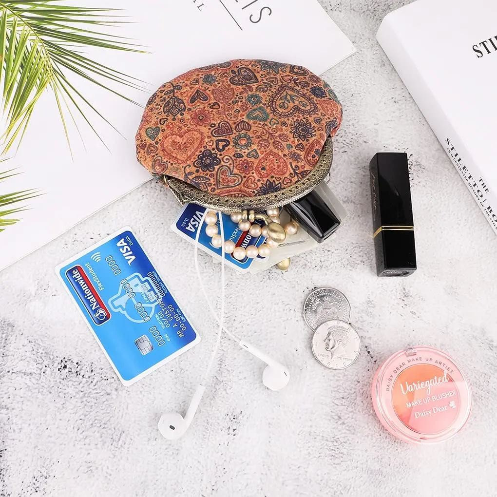 Oyachic Floral Buckle Coin Purses Vintage Pouch Kiss-lock Change Purse Wallets PU Wood Grain Key Holder Coin Bag Make Up Bag