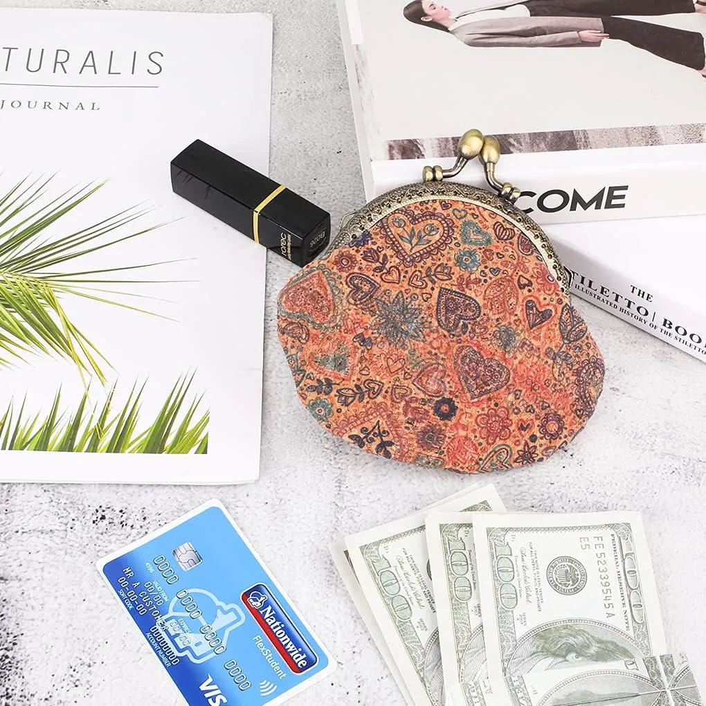 Oyachic Floral Buckle Coin Purses Vintage Pouch Kiss-lock Change Purse Wallets PU Wood Grain Key Holder Coin Bag Make Up Bag