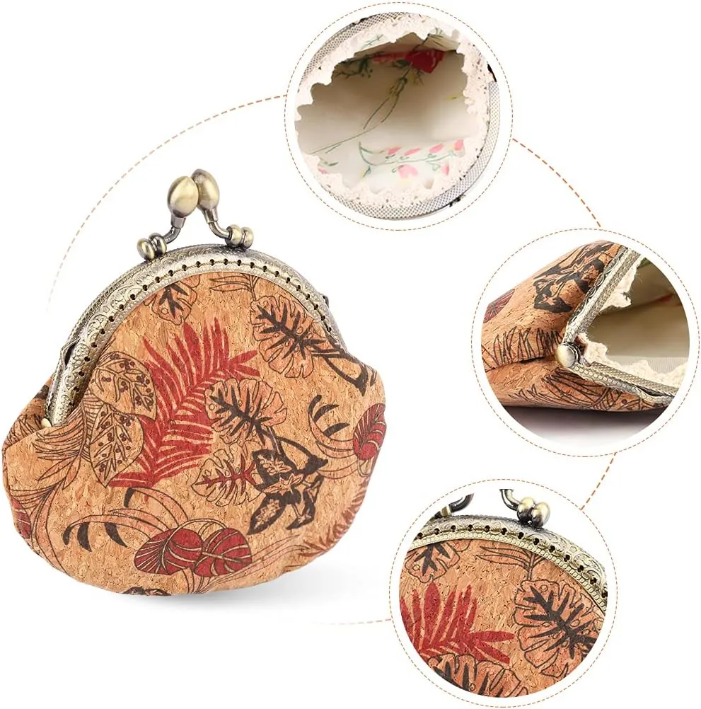 Oyachic Floral Buckle Coin Purses Vintage Pouch Kiss-lock Change Purse Wallets PU Wood Grain Key Holder Coin Bag Make Up Bag