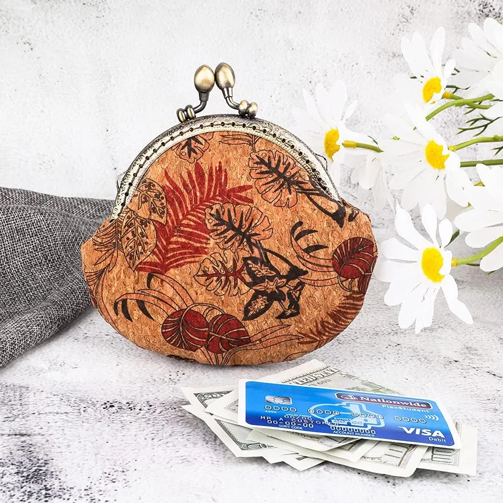 Oyachic Floral Buckle Coin Purses Vintage Pouch Kiss-lock Change Purse Wallets PU Wood Grain Key Holder Coin Bag Make Up Bag