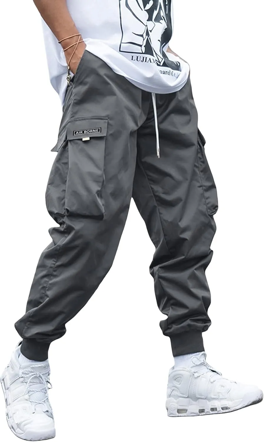 OYOANGLE Men's Casual Drawstring Elastic Waist Flap Pocket Letter Graphic Street Jogger Cargo Pants