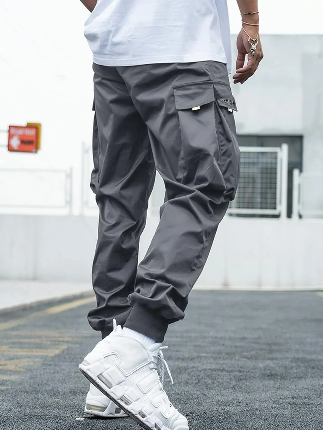 OYOANGLE Men's Casual Drawstring Elastic Waist Flap Pocket Letter Graphic Street Jogger Cargo Pants