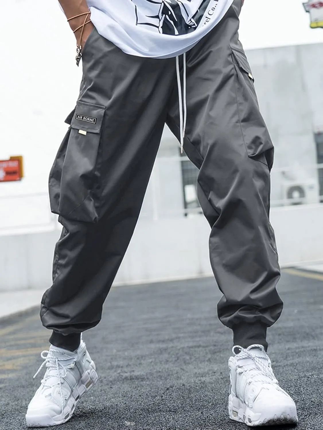 OYOANGLE Men's Casual Drawstring Elastic Waist Flap Pocket Letter Graphic Street Jogger Cargo Pants