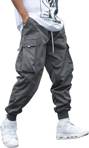 OYOANGLE Men's Casual Drawstring Elastic Waist Flap Pocket Letter Graphic Street Jogger Cargo Pants