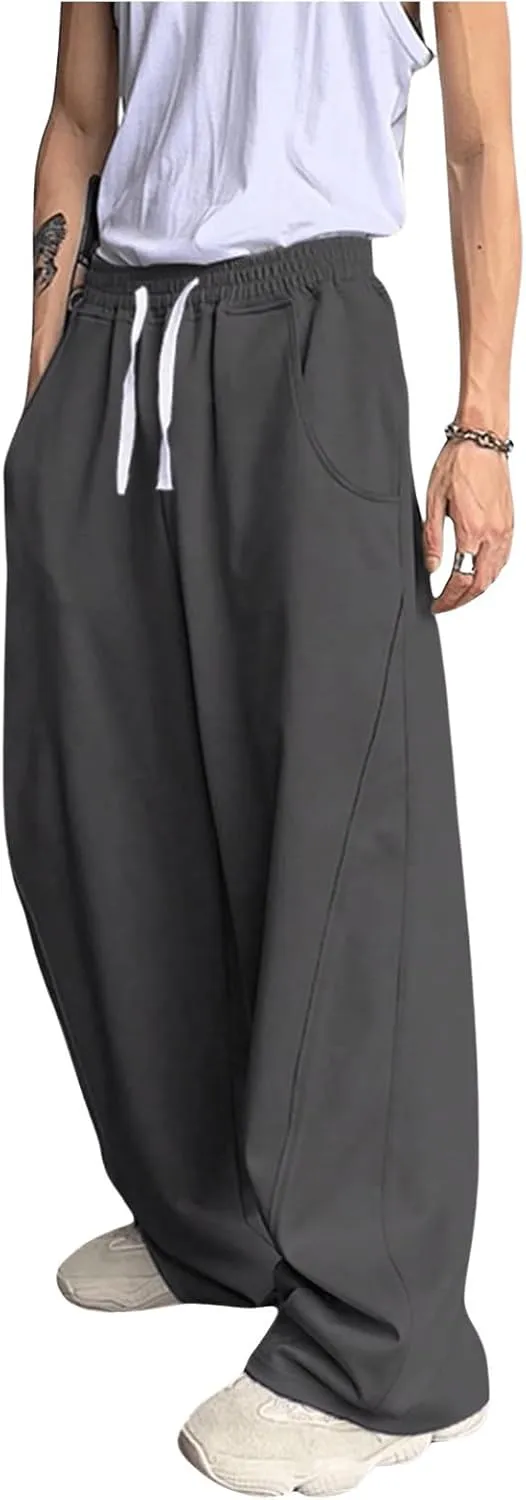 OYOANGLE Men's Drawstring Elastic Waist Baggy Sweatpants Y2K Loose Wide Leg Long Pants with Pocket