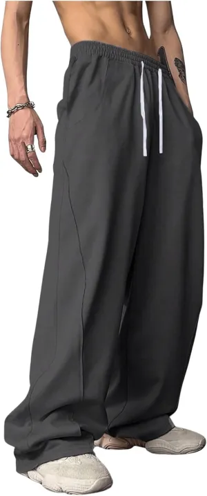 OYOANGLE Men's Drawstring Elastic Waist Baggy Sweatpants Y2K Loose Wide Leg Long Pants with Pocket