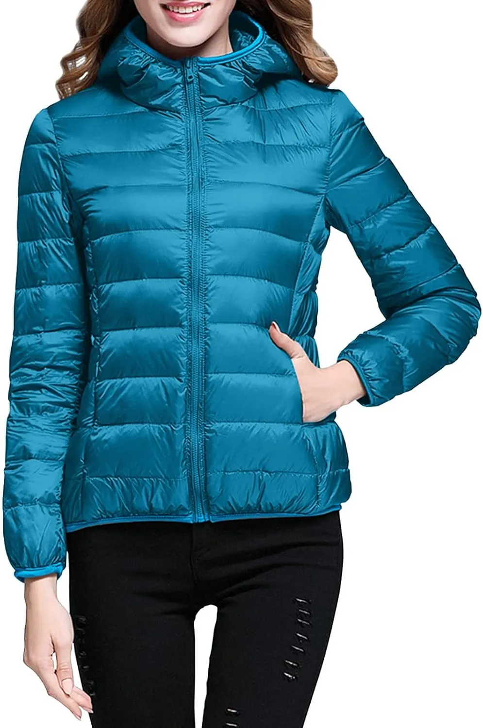 Packable Down Jacket for Women Lightweight Winter Duck Down Jackets Slim Fit Bubble Coat Zipper Warm Puffer Jacket with Hood