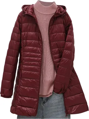 Packable Puffer Jacket Women Lightweight Padded Coats with Hood Long Winter Warm Casual Travel Down Jackets