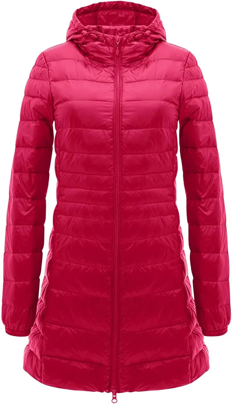 Packable Puffer Jacket Women Lightweight Padded Coats with Hood Long Winter Warm Casual Travel Down Jackets