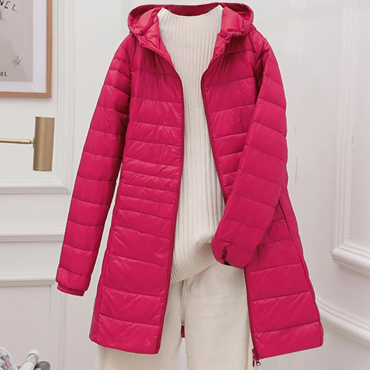 Packable Puffer Jacket Women Lightweight Padded Coats with Hood Long Winter Warm Casual Travel Down Jackets