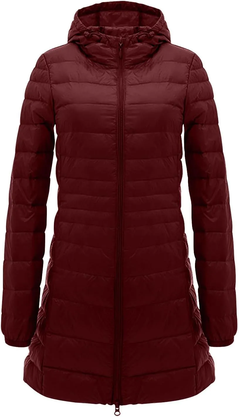 Packable Puffer Jacket Women Lightweight Padded Coats with Hood Long Winter Warm Casual Travel Down Jackets