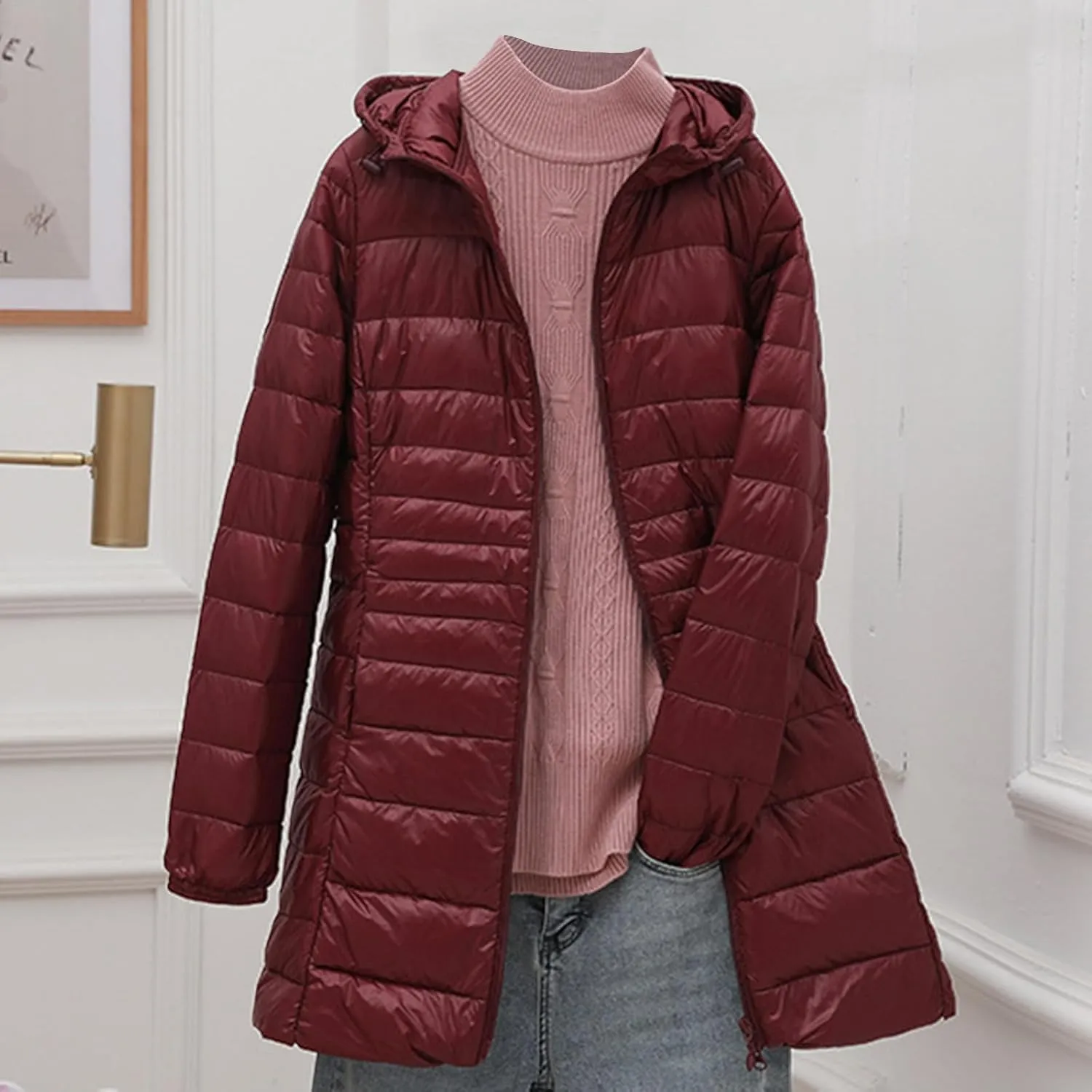 Packable Puffer Jacket Women Lightweight Padded Coats with Hood Long Winter Warm Casual Travel Down Jackets