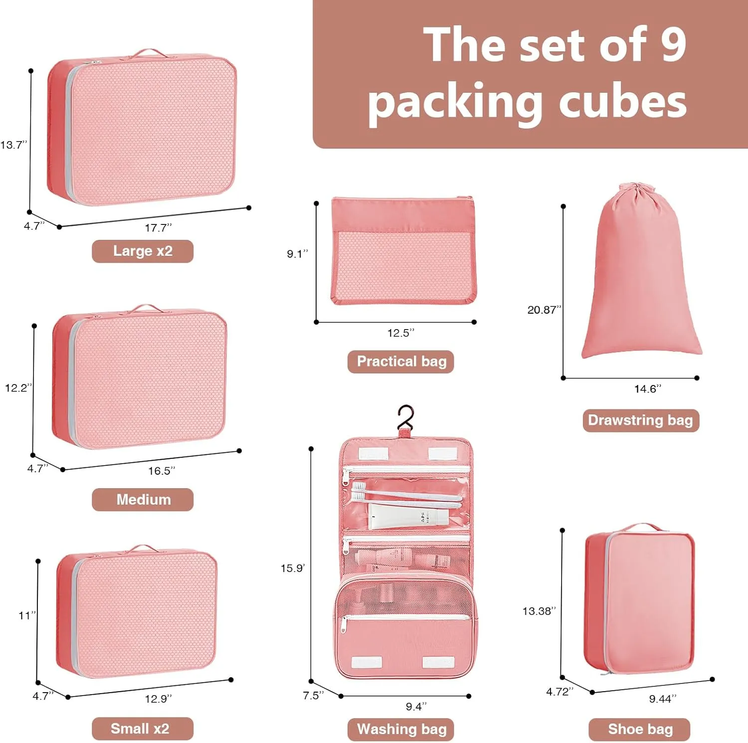 Packing Cubes for Travel - 9 Set Large Travel Cubes Luggage Organizer Bags Set With Laundry Bags/Shoe Bag/Toiletry Bag (Pink)