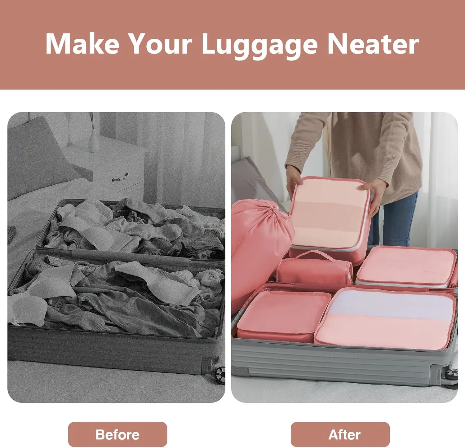 Packing Cubes for Travel - 9 Set Large Travel Cubes Luggage Organizer Bags Set With Laundry Bags/Shoe Bag/Toiletry Bag (Pink)