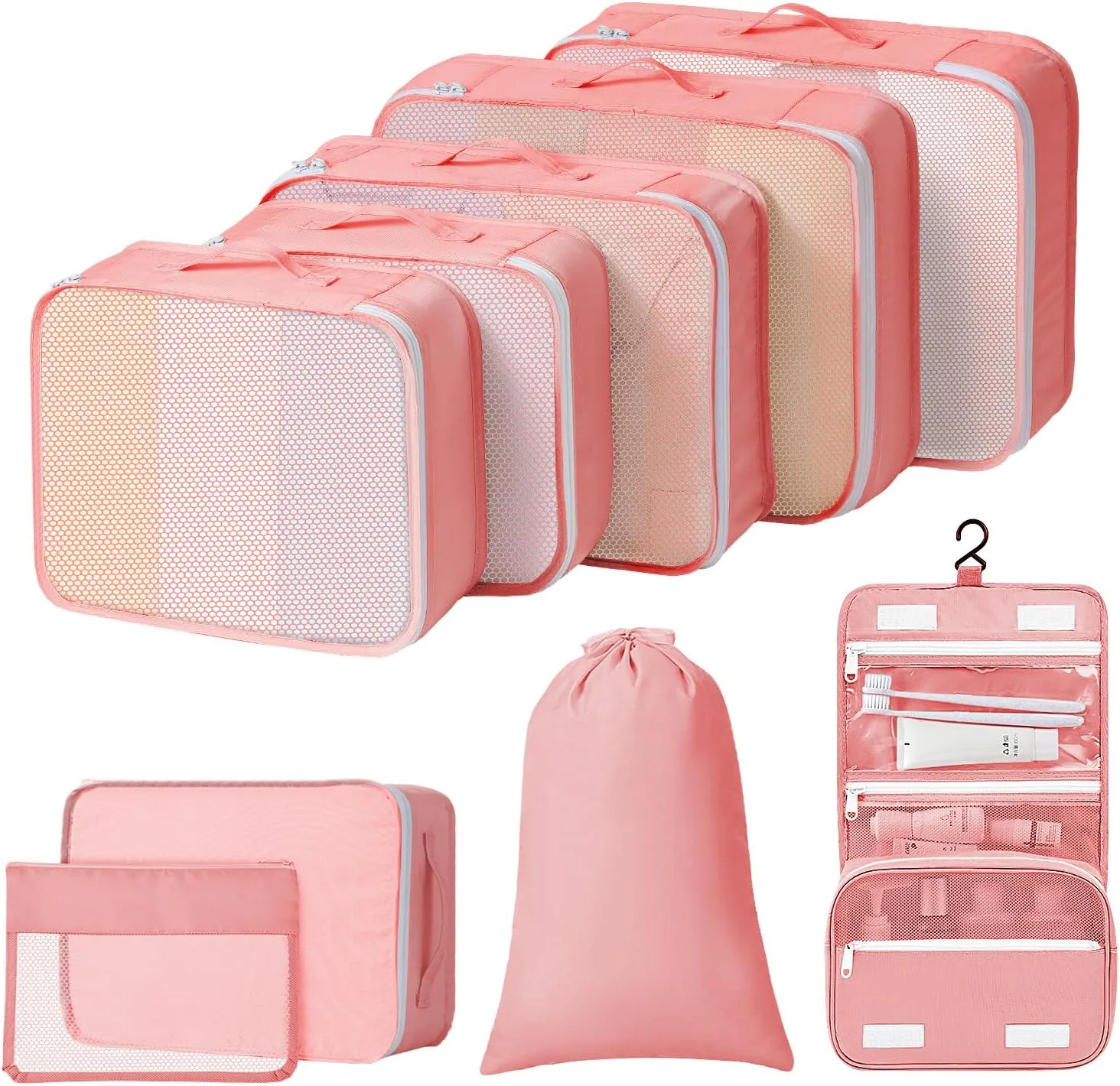 Packing Cubes for Travel - 9 Set Large Travel Cubes Luggage Organizer Bags Set With Laundry Bags/Shoe Bag/Toiletry Bag (Pink)
