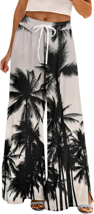 Palazzo Pants for Women Casual Floral Flowy Trendy High Elastic Waist Adjustable Wide Leg Beach Vacation Pants