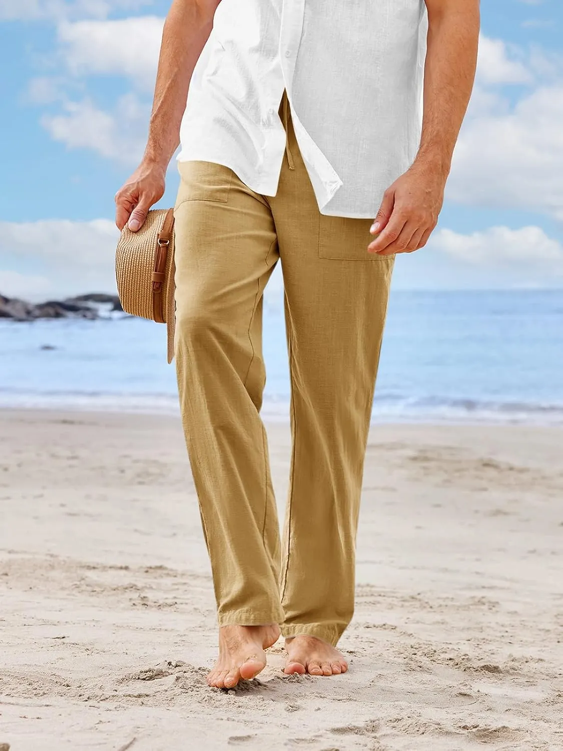 PASLTER Mens Casual Linen Pants Loose Fit Elastic Drawstring Waist Straight-Legs Summer Yoga Beach Long Pants