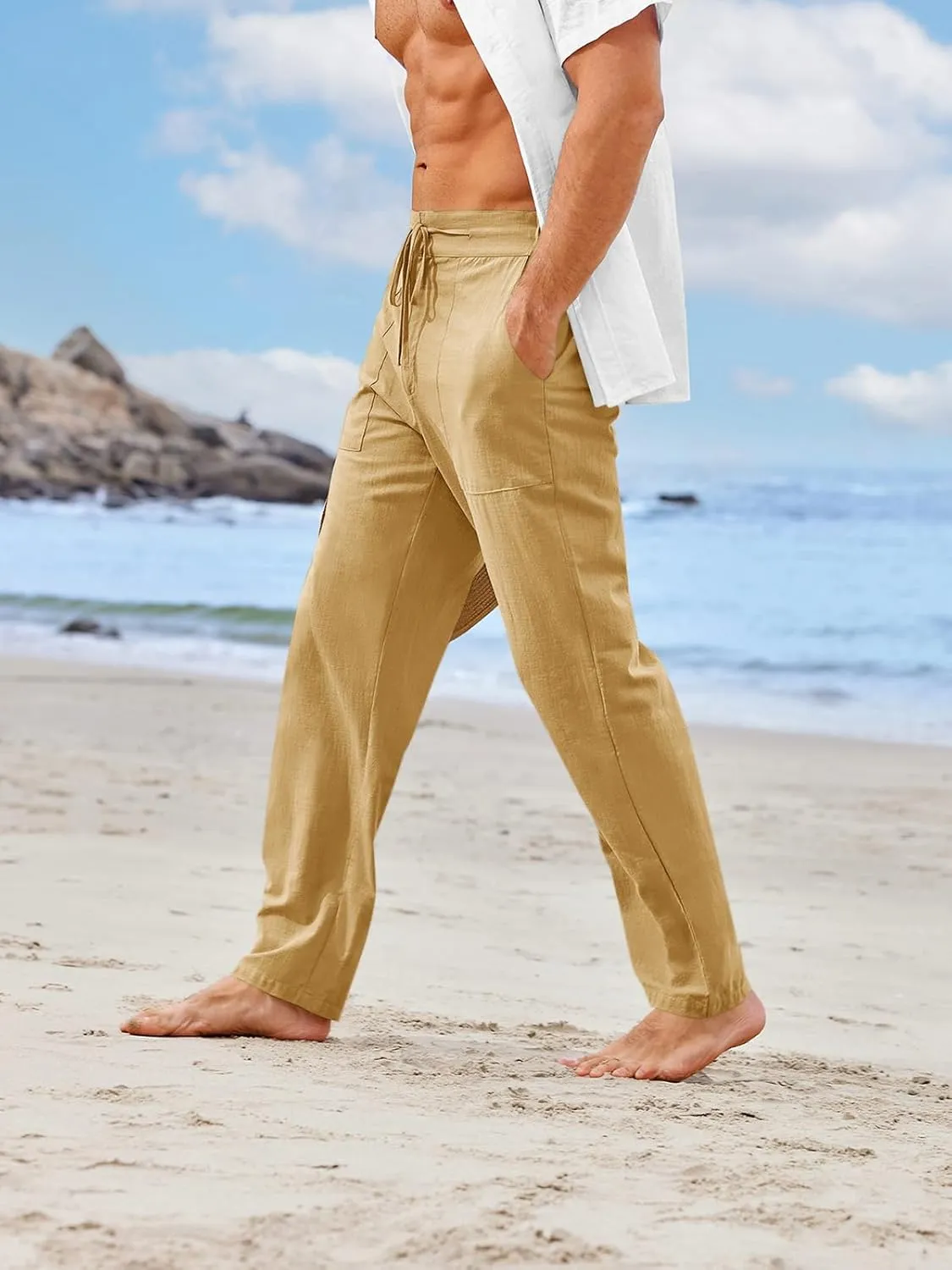 PASLTER Mens Casual Linen Pants Loose Fit Elastic Drawstring Waist Straight-Legs Summer Yoga Beach Long Pants