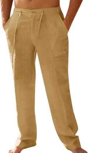 PASLTER Mens Casual Linen Pants Loose Fit Elastic Drawstring Waist Straight-Legs Summer Yoga Beach Long Pants