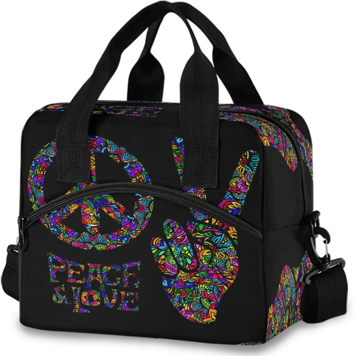 Peace Love Symbol Two Fingers Hippie Colorful Insulated Lunch Tote Bag Reusable Cooler Lunch Box with Shoulder Strap for Work Picnic School Beach