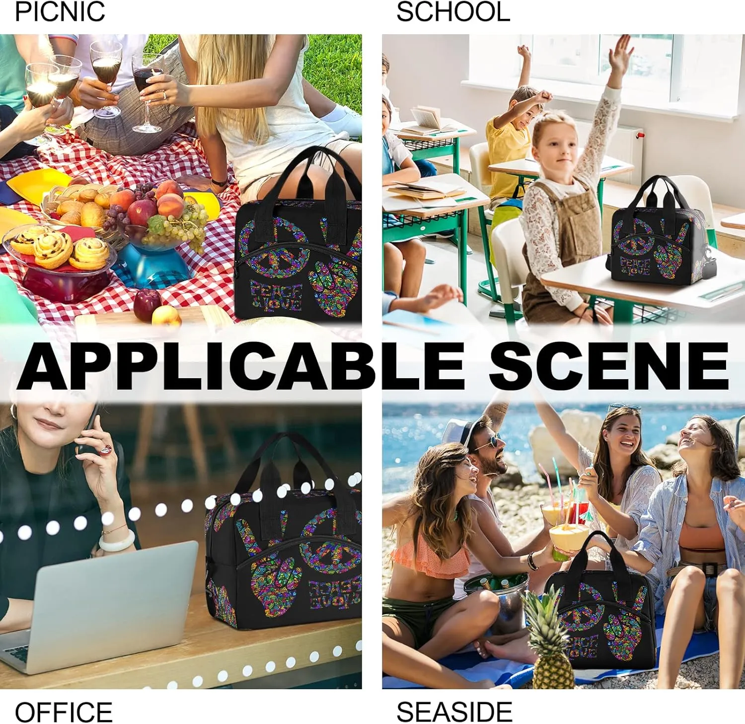 Peace Love Symbol Two Fingers Hippie Colorful Insulated Lunch Tote Bag Reusable Cooler Lunch Box with Shoulder Strap for Work Picnic School Beach