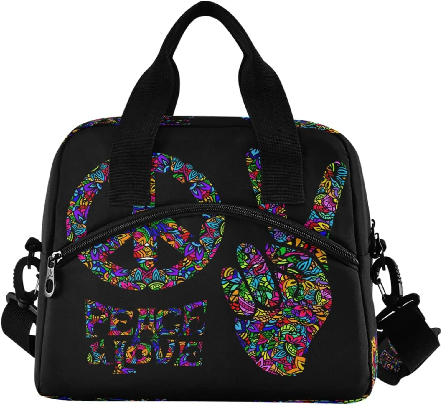 Peace Love Symbol Two Fingers Hippie Colorful Insulated Lunch Tote Bag Reusable Cooler Lunch Box with Shoulder Strap for Work Picnic School Beach