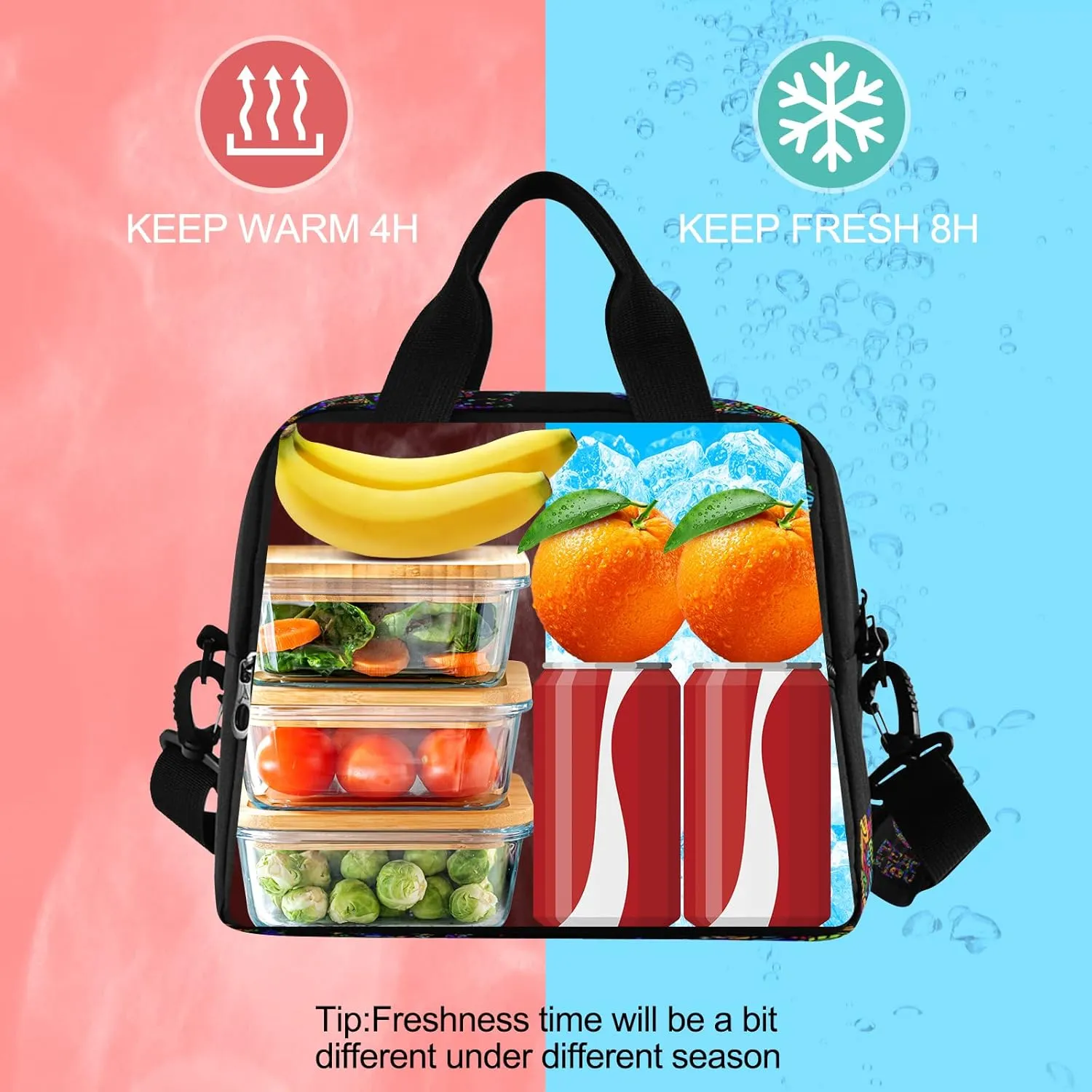 Peace Love Symbol Two Fingers Hippie Colorful Insulated Lunch Tote Bag Reusable Cooler Lunch Box with Shoulder Strap for Work Picnic School Beach