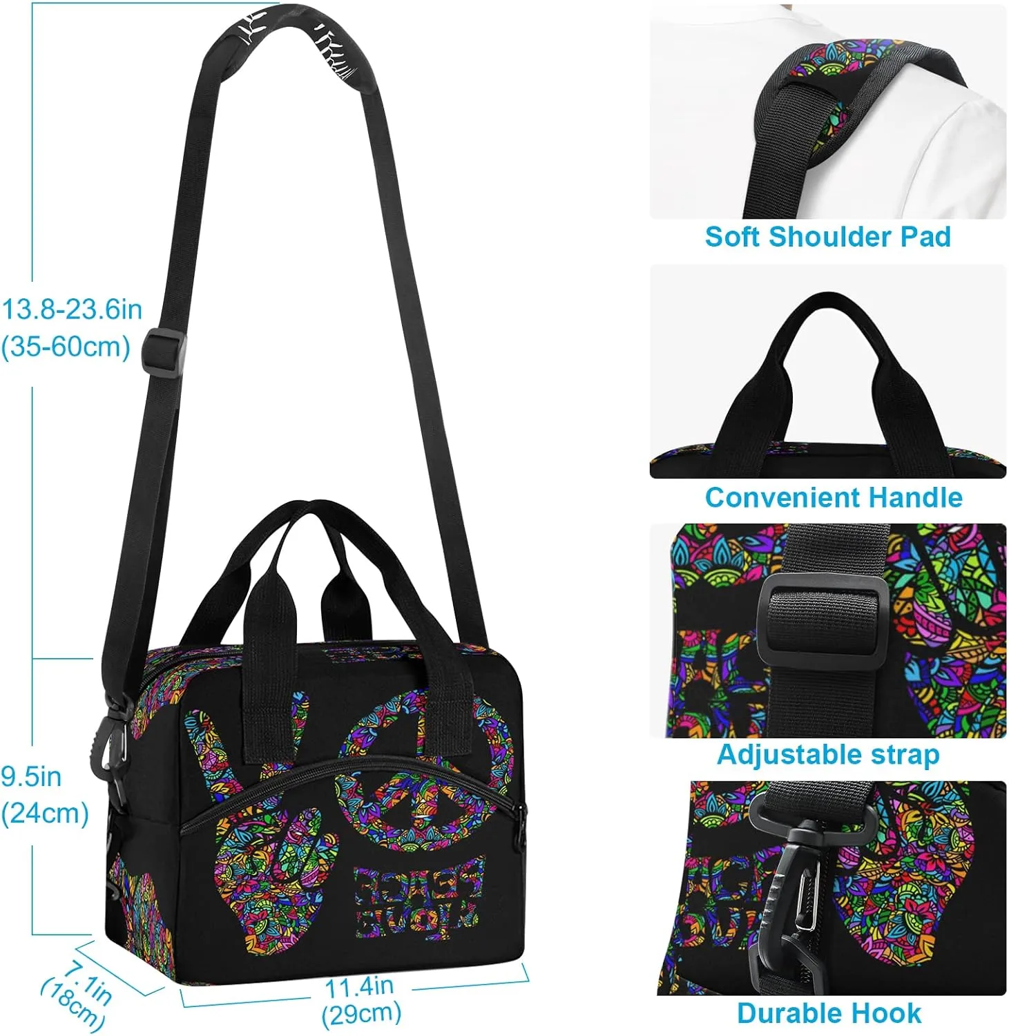 Peace Love Symbol Two Fingers Hippie Colorful Insulated Lunch Tote Bag Reusable Cooler Lunch Box with Shoulder Strap for Work Picnic School Beach