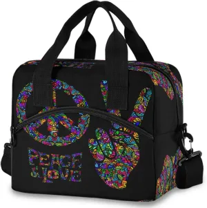 Peace Love Symbol Two Fingers Hippie Colorful Insulated Lunch Tote Bag Reusable Cooler Lunch Box with Shoulder Strap for Work Picnic School Beach