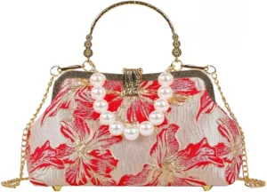 Pearl Evening Bag for Women Lily Pattern Vintage Embroidered Floral Clutch Purse Evening Handbag Shoulder Crossbody Bags