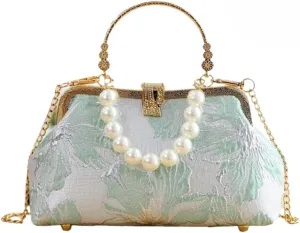 Pearl Evening Bag for Women Lily Pattern Vintage Embroidered Floral Clutch Purse Evening Handbag Shoulder Crossbody Bags