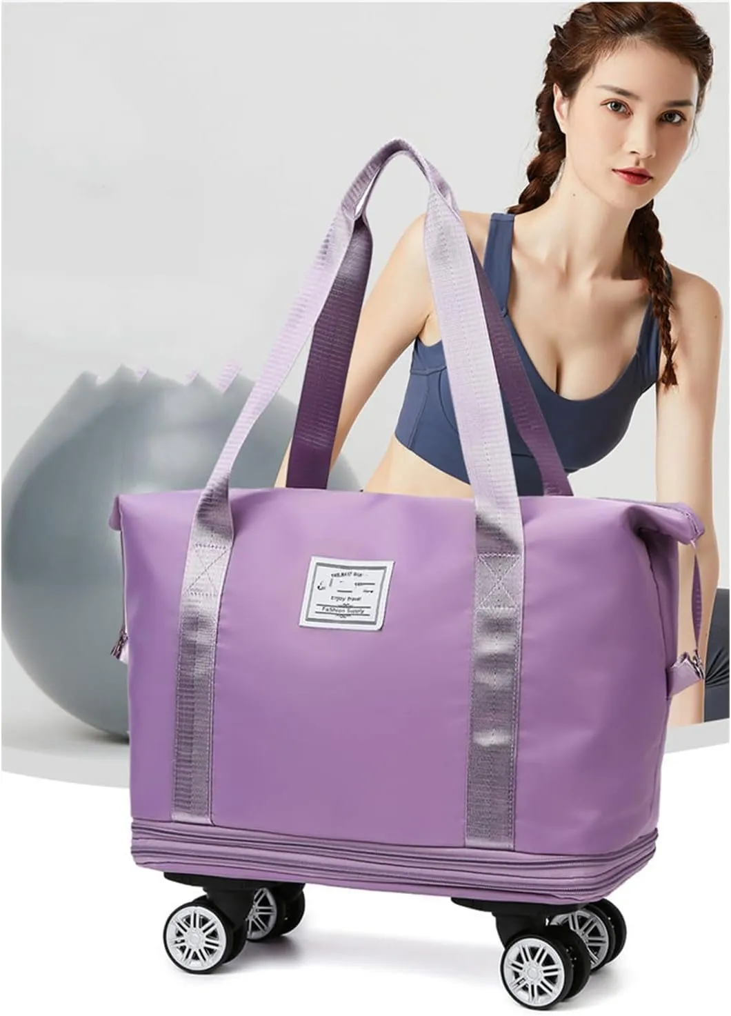 Pepepo Travel Bag with Wheels,2025 new large capacity travel bag - universal wheel removable,travel wheels,Expandable Foldable Duffle,Dry and Wet Separation (Light Purple)