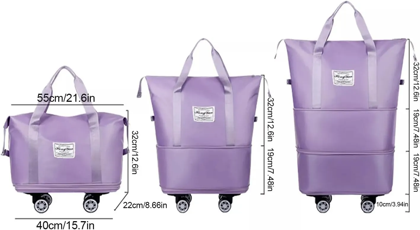 Pepepo Travel Bag with Wheels,2025 new large capacity travel bag - universal wheel removable,travel wheels,Expandable Foldable Duffle,Dry and Wet Separation (Light Purple)