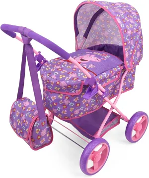 Peppa Pig: Doll Deluxe Pram & Bag - Purple, Pink, Flowers - Accessory for Dolls Up to 18", Shoulder Bag, Foldable, Retractable Canopy, Kids to, Age 3 