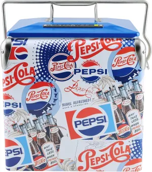 Pepsi 14-Quart Small Cooler | Retro Vintage Classic Style Hard Metal Beverage Cooler for Camping Beach Picnic, Pepsi Heritage Edition