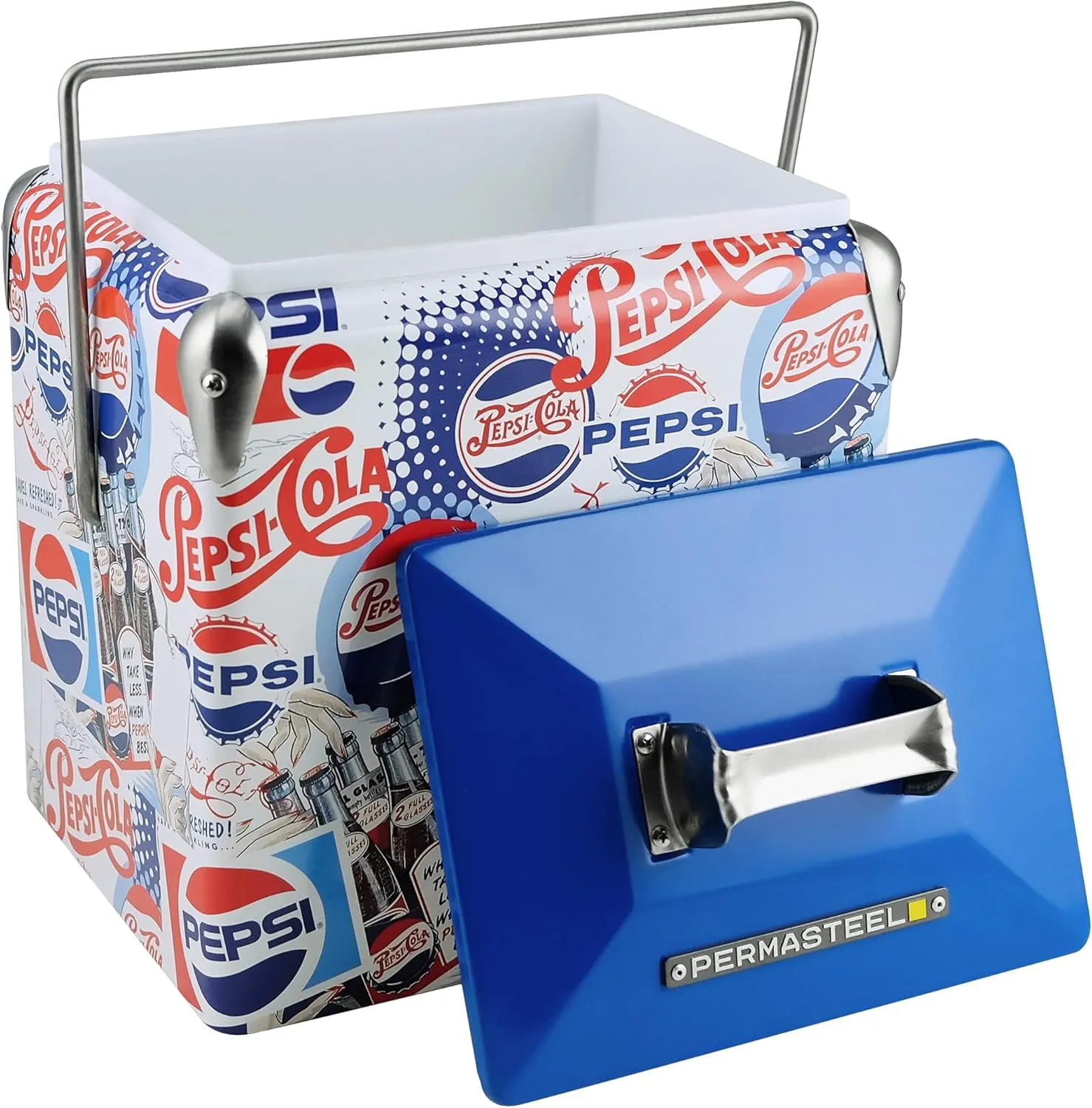 Pepsi 14-Quart Small Cooler | Retro Vintage Classic Style Hard Metal Beverage Cooler for Camping Beach Picnic, Pepsi Heritage Edition